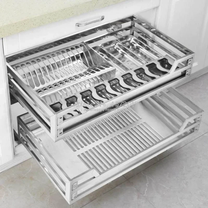 Pull Basket Kitchen Cabinet - 304 Stainless Steel Double Buffer Drawer Seasoning and Dish Bowl Basket, Efficient Kitchen Storage