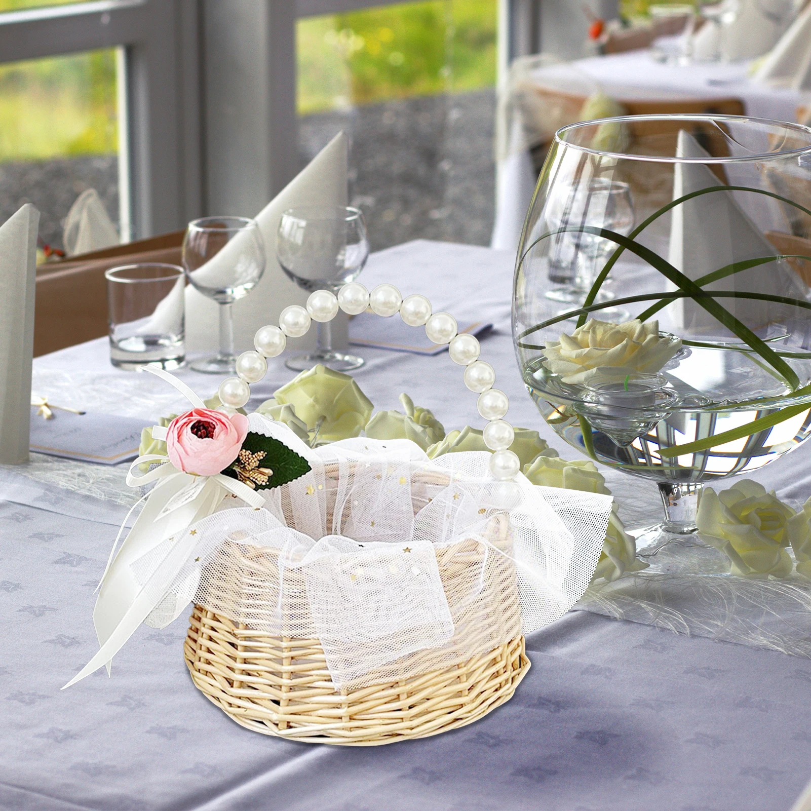 Handmade Woven Rattan Flower Basket para meninas, pérola, princesa, armazenamento, flor, menina, casa, decoração do casamento