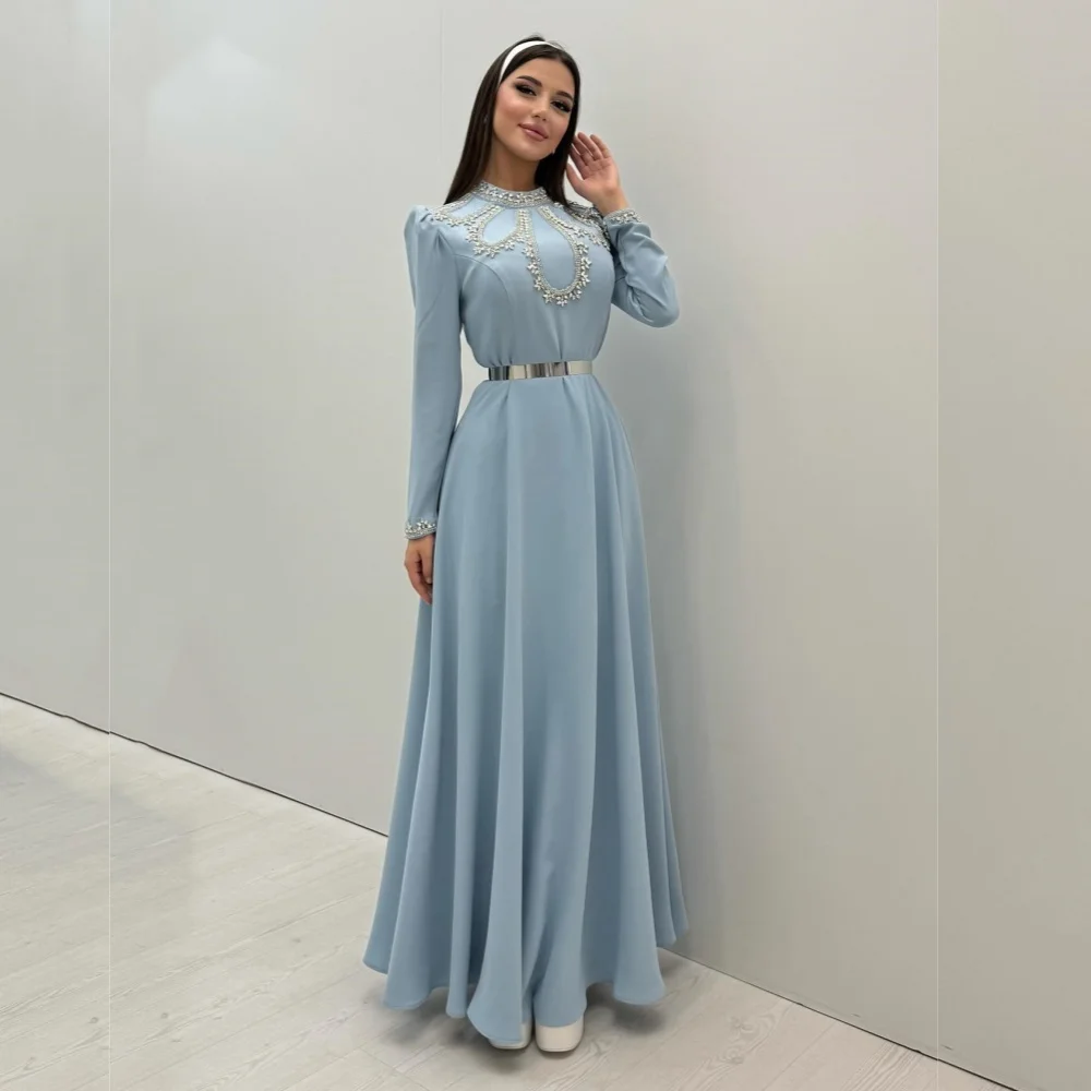 

Customized Jersey Rhinestone Glitter High Collar A-line Long Dresses Bespoke Occasion Prom Dress Elegant Party Women's Evening