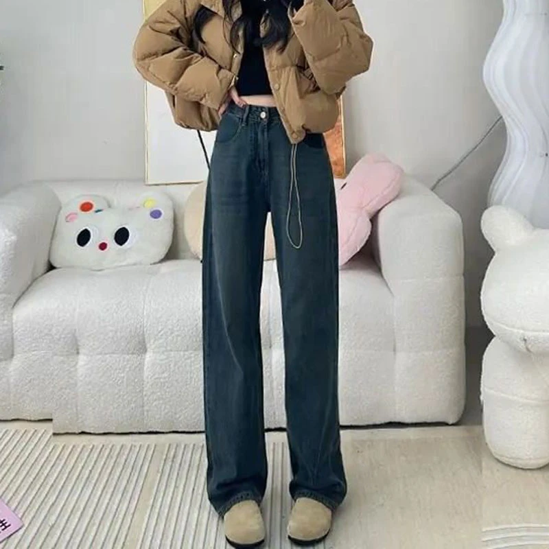 Retro colorful wide-legged jeans women's fall and winter high-waisted big yards loose straight dragging drape long pants