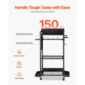 VEVOR - Carrito organizador de herramientas de 4 niveles con estación de carga, 8 tomas de CA, soporte de suelo con ruedas, soporte para taladros para taller y garaje 10 best sales Organizador de garaje - №7