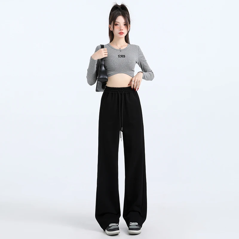 

Простые черные спортивные брюки-джоггеры в американском стиле для женщин, широкие, свободные, с высокой талией, повседневные, прямого кроя, весна-осень 2025.