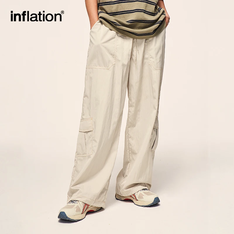 INFLATION Multi Pockets Wide Leg Cargo Pants Men Loose Fit Elastic Waist Track Pants Male Casual Trousers