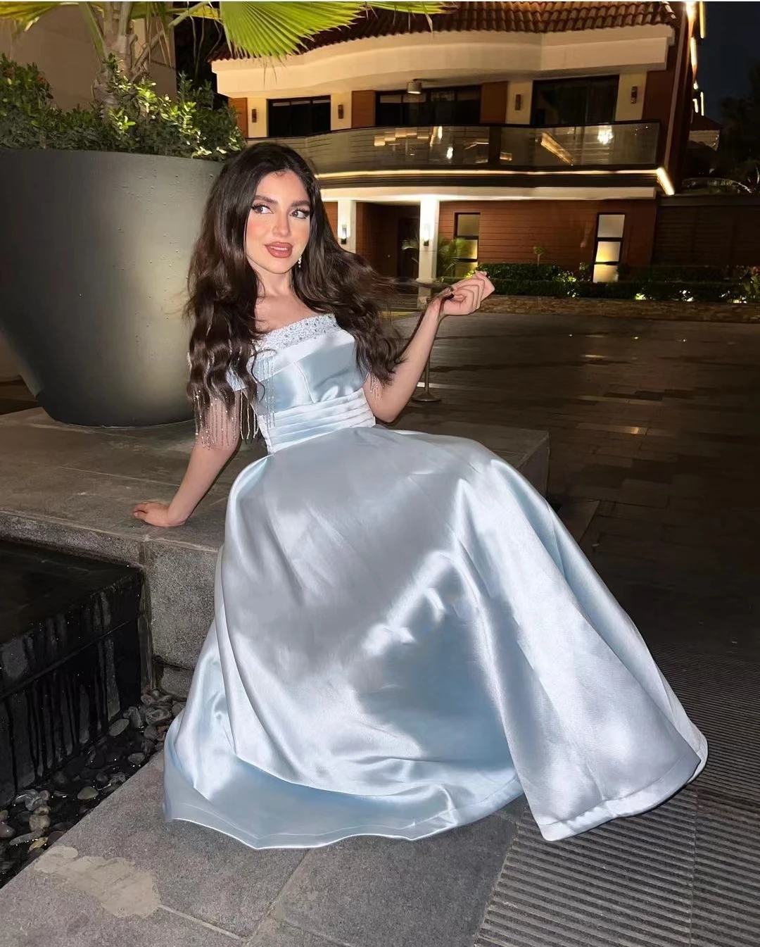 AsaNagi Light Blue Evening Dresses Tassel Off Shoulder A Line Ankle-Length Women Elegant Party Prom Dress 2023 فساتين السهرة