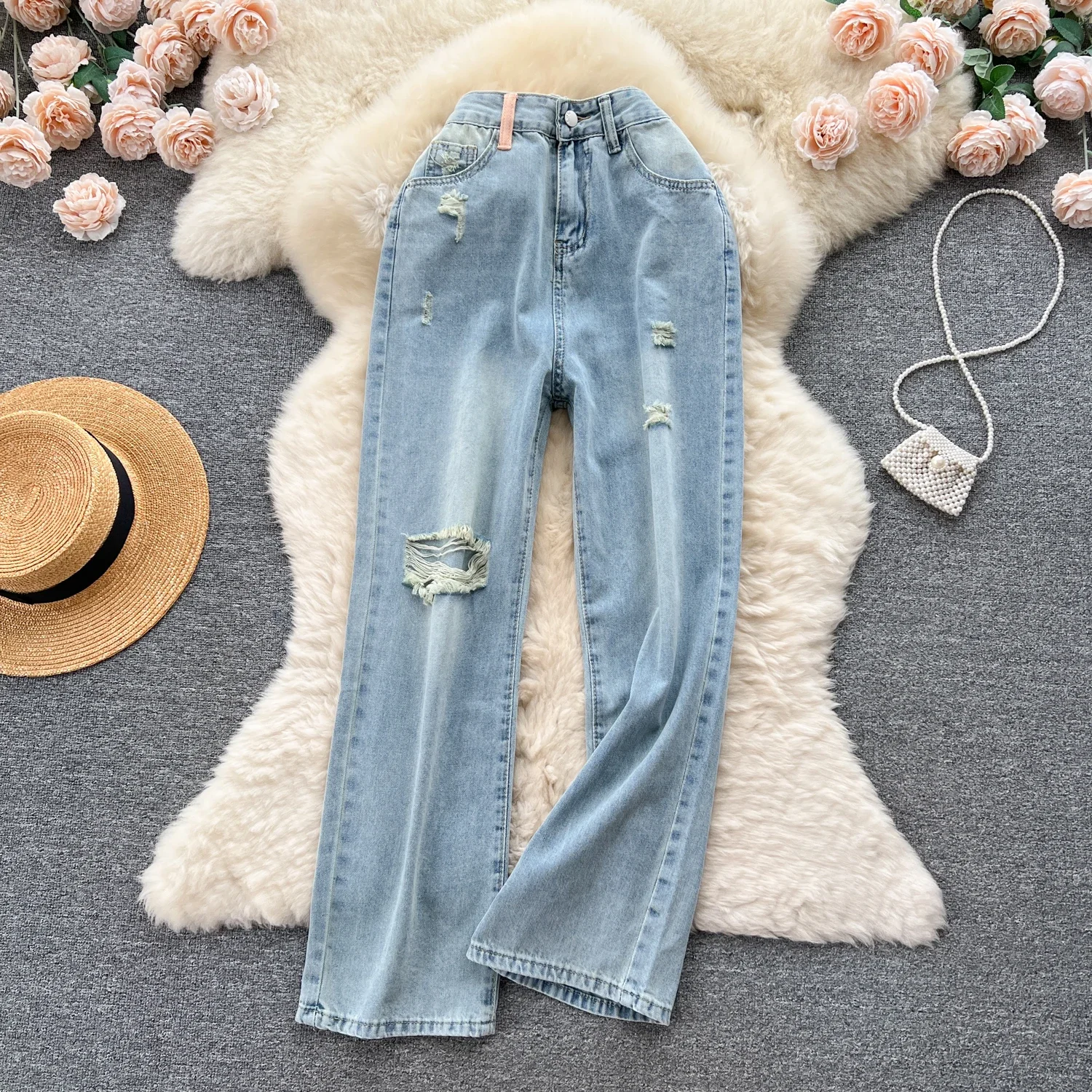 

Hole Jeans Wide Leg Pants Women Streetwear Floor Length High Waist Washed Distressed Pockets Vintage Ripped Denim Trousers