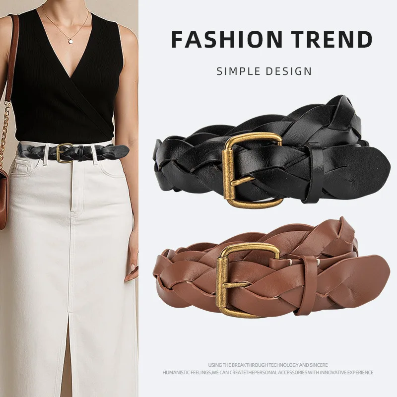 

3.8CM New Fashion Vintage Women Belts Genuine Leather Weaving Design Waistband for Dress Metal Pin Buckle Belt for Jeans