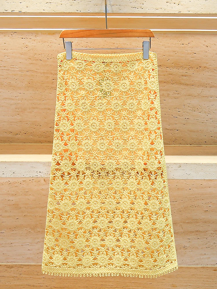 กระโปรงไหมพรมถักยาวทรงเอ เอวสูง สำหรับผู้หญิง ดีไซน์โปร่งลายฉลุ เหมาะสำหรับใส่ไปทำงานหรือวันสบายๆ สไตล์หรูหราจาก M Home Nan You