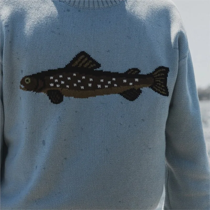 เสื้อสเวตเตอร์แฟชั่นผู้หญิงสำหรับฤดูใบไม้ผลิและฤดูใบไม้ร่วง ลายปลา สไตล์อเมริกันเรโทร คอลเลคชั่นใหม่ ทรงหลวม คอกลม ผ้าถัก