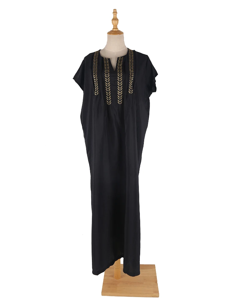 Robe de plage noire brodée dorée, Kaftans pour femmes, tunique élégante à manches courtes, Cover-Up pour les costumes de bain