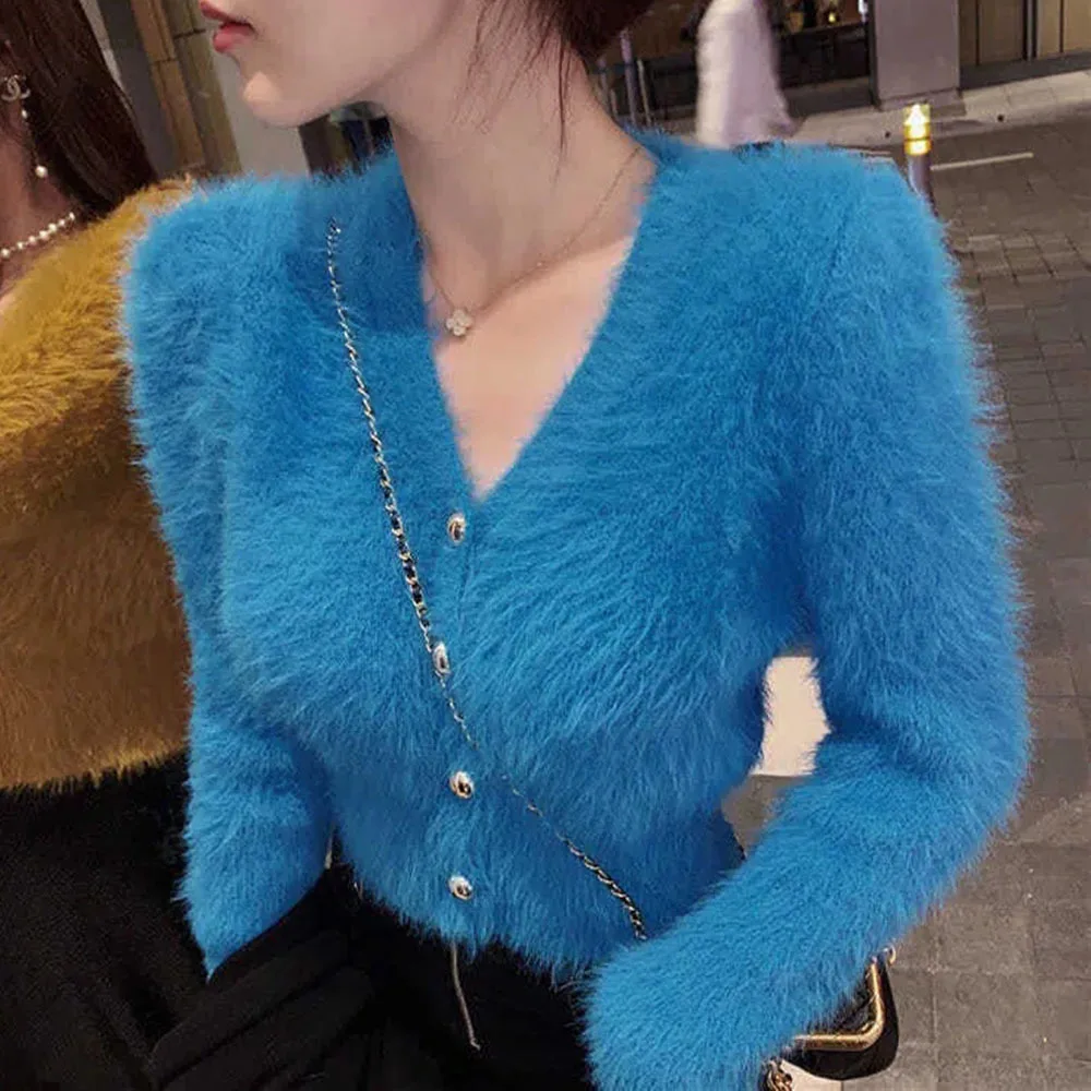 Cardigan lavorato a maglia Mohair con scollo a V Crop maglione bianco retrò Casual pigro Oversize Sueters maglioni per le donne giacca di vestiti di