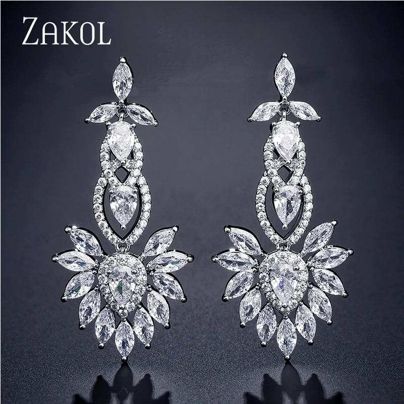 ZAKOL Luxury Clear Crystal Teardrop Bridal Long Drop Dangle Earrings for Women Wedding Party Jewelry FSEP5120