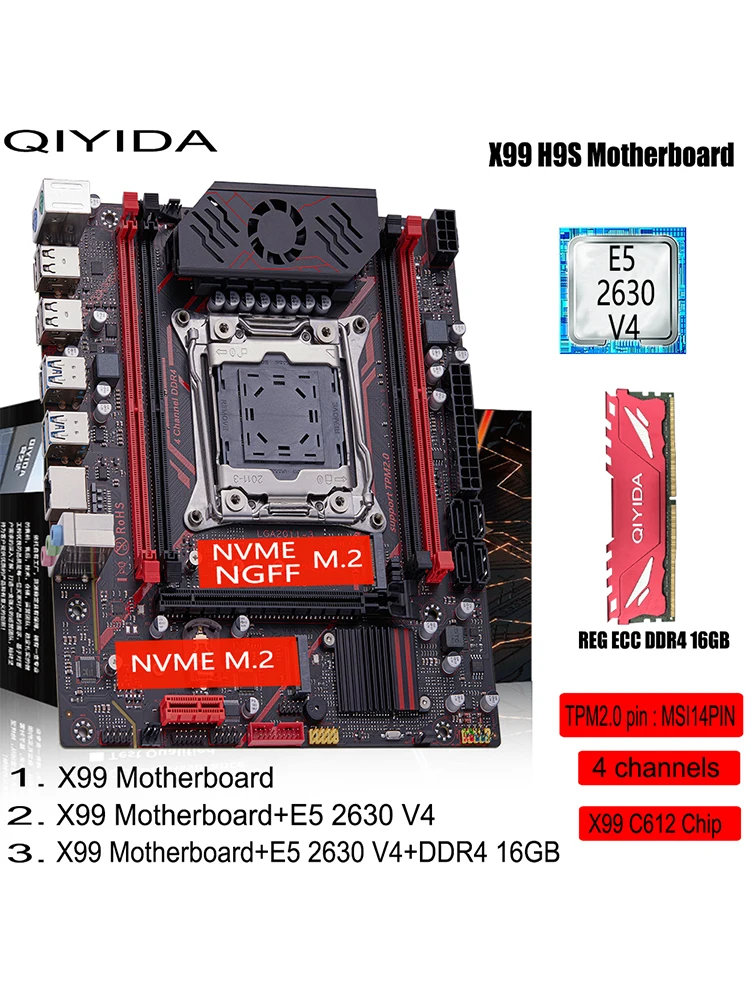 Zestaw płyty głównej QIYIDA X99 H9S z procesorem LGA2011-3 Xeon E5 2630 V4, pamięcią DDR4 16GB REG ECC, interfejsem M.2 TPM 2.0, 4 kanały — zdjęcie 2