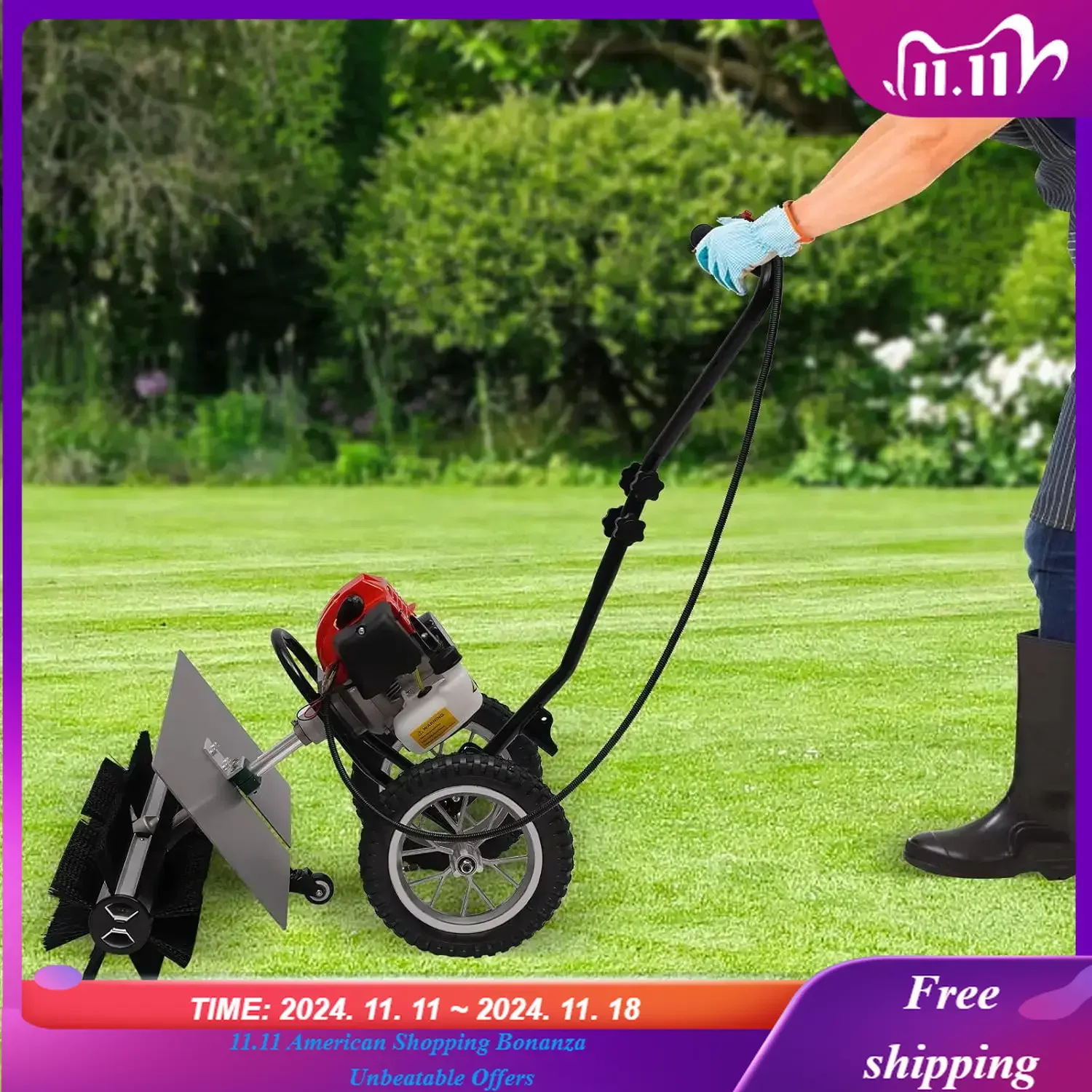 Walk Behind Sweeper Broom, 43CC 1.7HP 2-Stroke Gas Powered Snow Sweeper Broom with Mudguard & Wheels, Outdoor Sweeping