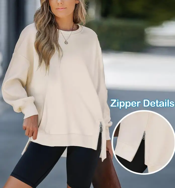 

Women's Sweatshirts 2025 Spring New Round Neck Drop Shoulder Long Sleeve Zipper Side Slit Sweatshirt Casual High-Low Hem Top