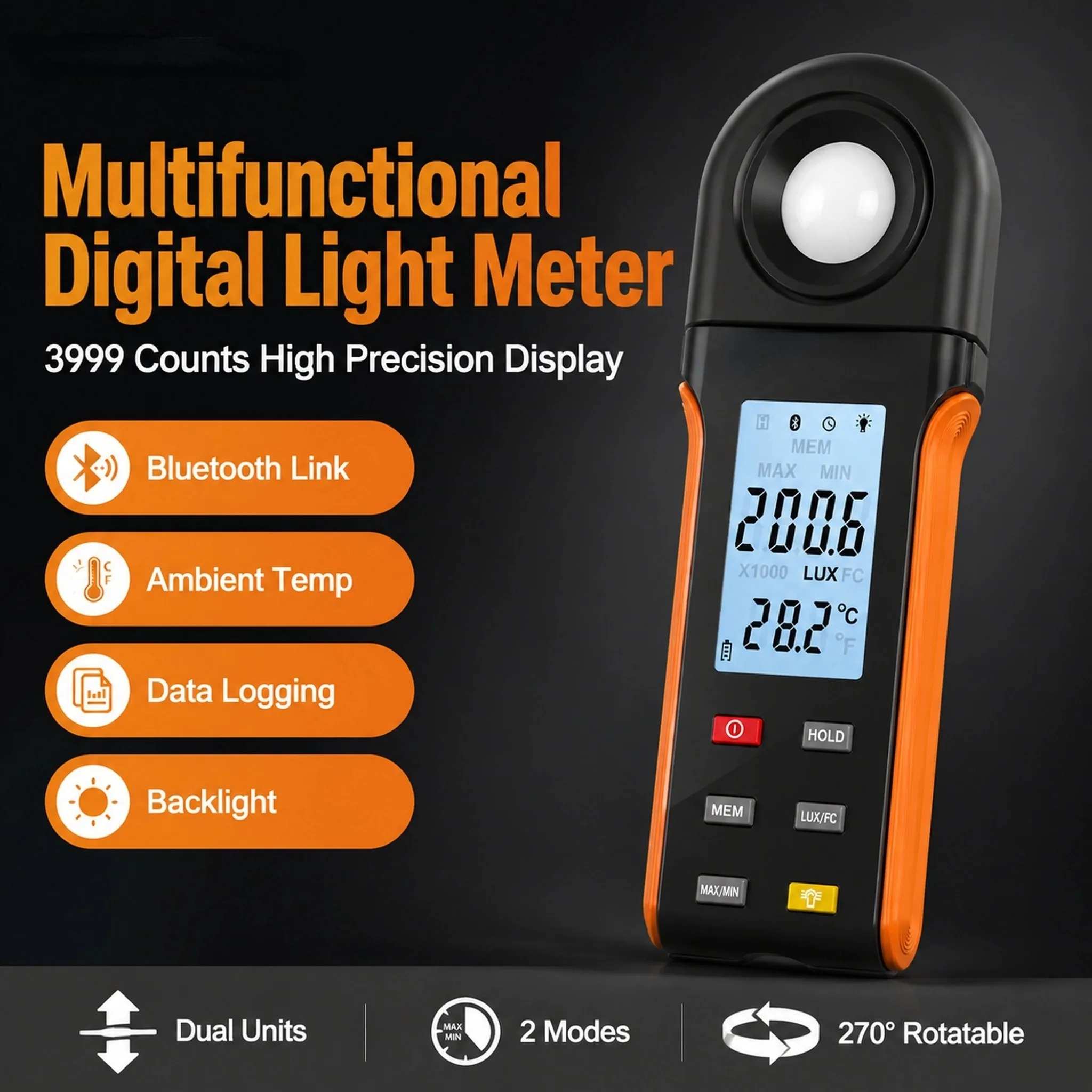 

APP Smart Digital Lux Meter 0.1 Lux Resolution 1-400,000 FC Rotatable Sensor 30 Sets Memory Illuminance Meter for Photography