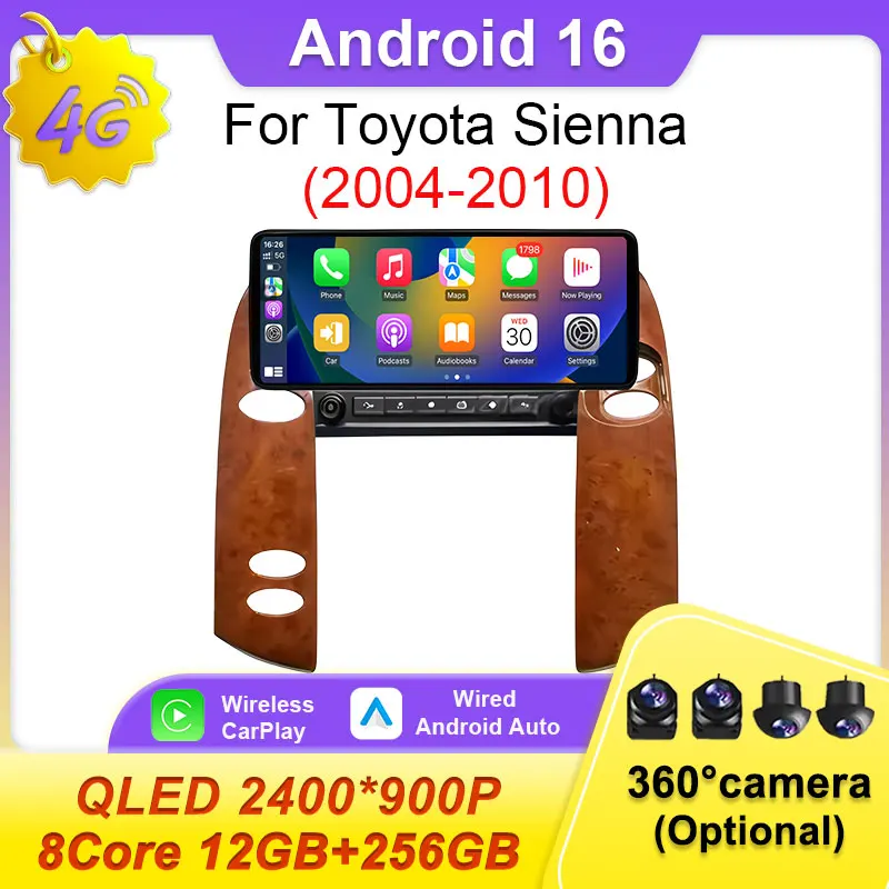 

Автомагнитола Android 16 для Toyota Sienna 2004-2010 с беспроводным CarPlay, видео, Bluetooth, GPS-навигацией, мультимедийным плеером, Wi-Fi, 4G, стерео