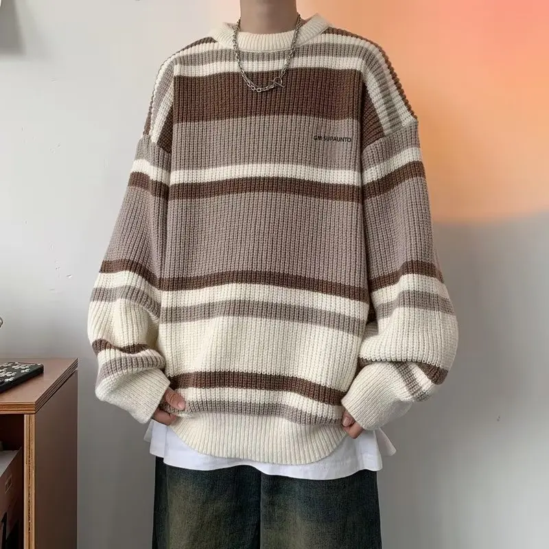 

Men's Oversize round Ne Knitwear Casual Loose Fit Sweater Winter Warm Long Sve Baseball Collar Diamond Patterned Outerwear