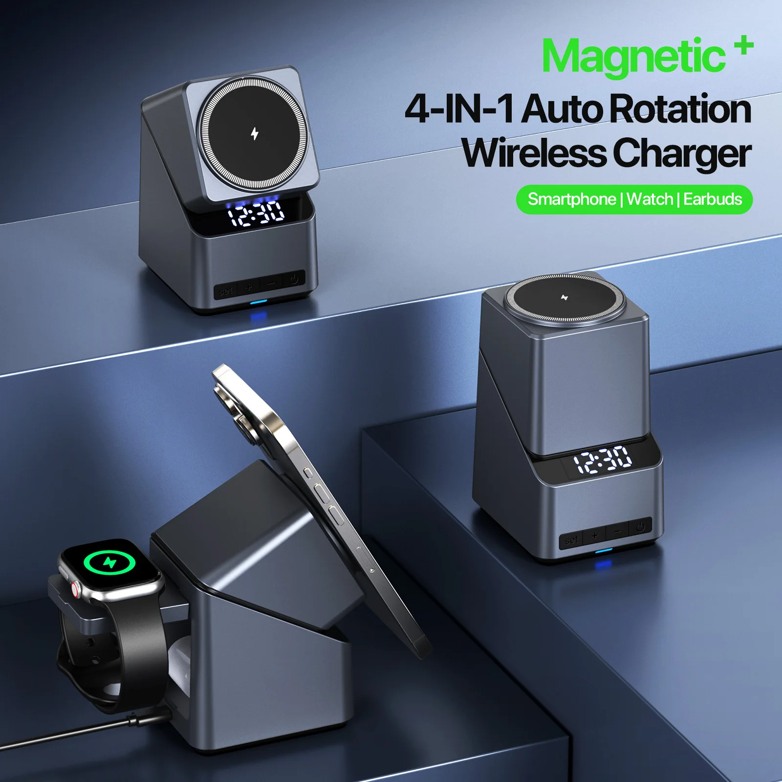 Magnetic 4 in 1 Auto Rotation Wireless Charger Fast Charging Up To 15W for Iphone 16 15 14 13 Pro Max, Iwatch, Airpods Pro