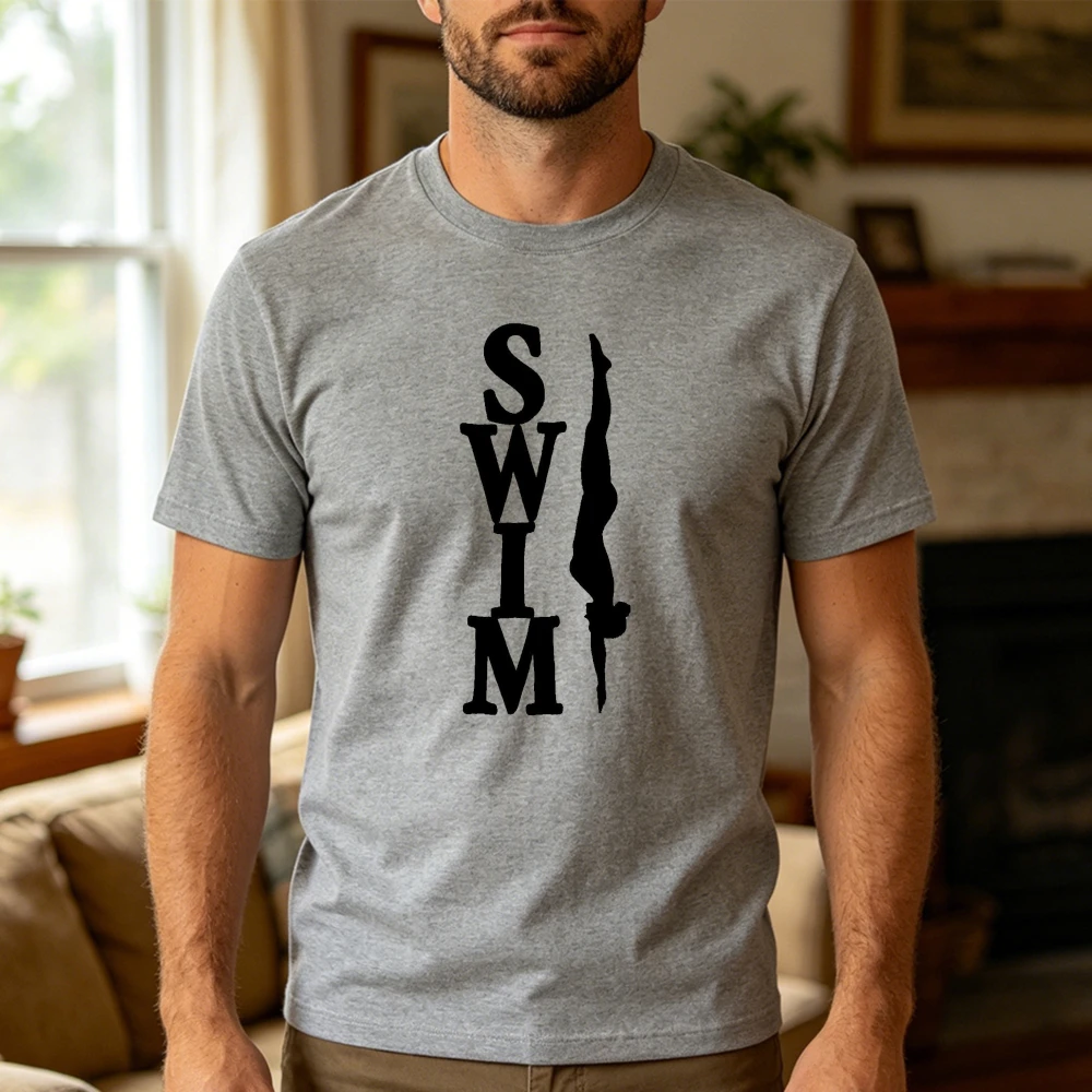 Vertical SWIM Typography with Diver Men T Shirt Creative Swimmer Graphic Tee Casual Summer Sports Tops Swimmer Coach Gift