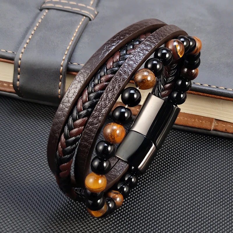 2023 New Beads Tiger's Eye Stone Bracelet for Men Four Layers Leather Bracelet with Stainless Steel Magnet Male Jewelry Gift