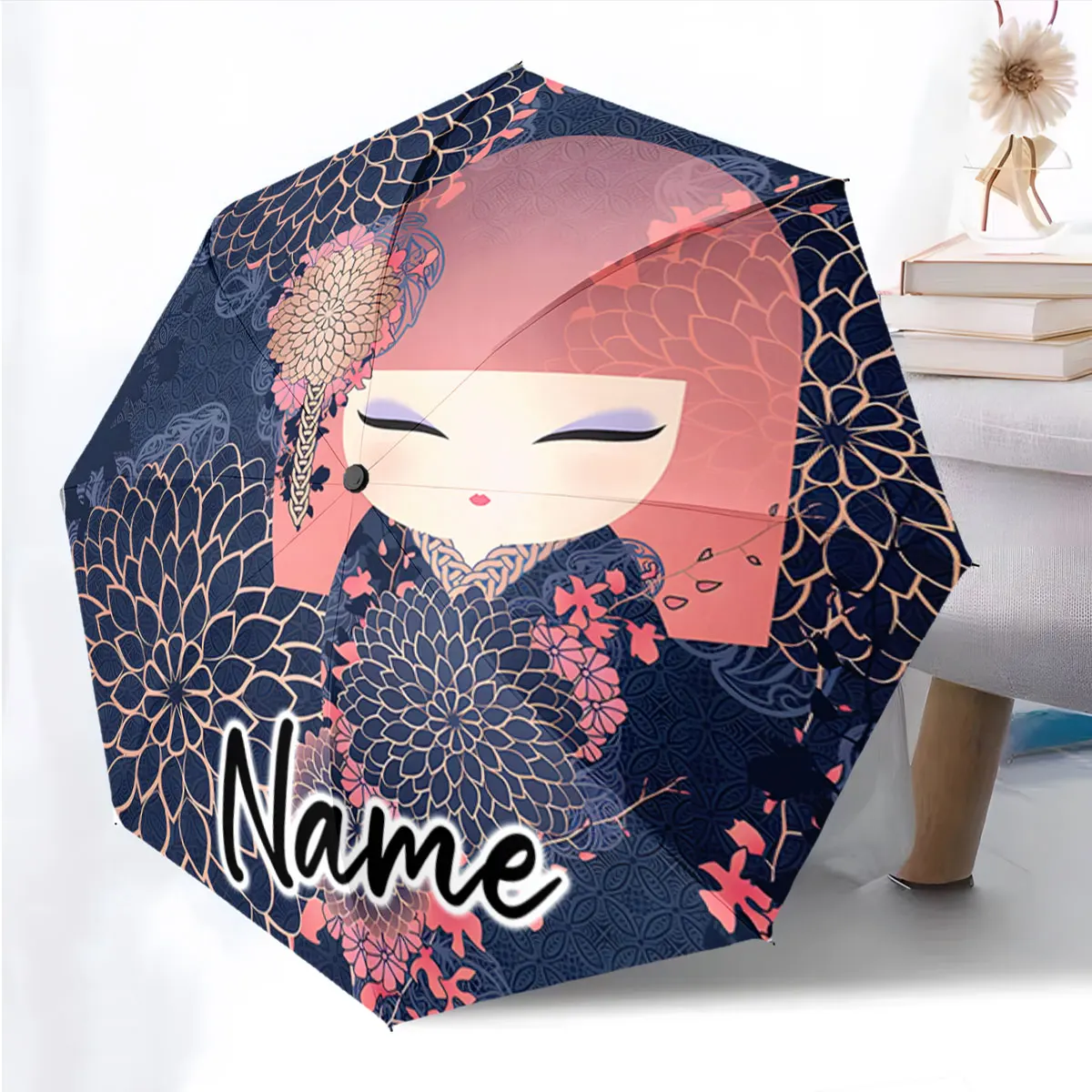 Custom Name Umbrella Stylish Umbrella with Graphic Design Print 8 Iron Ribs Folding Umbrella Auto-Open Fashion Sunshade