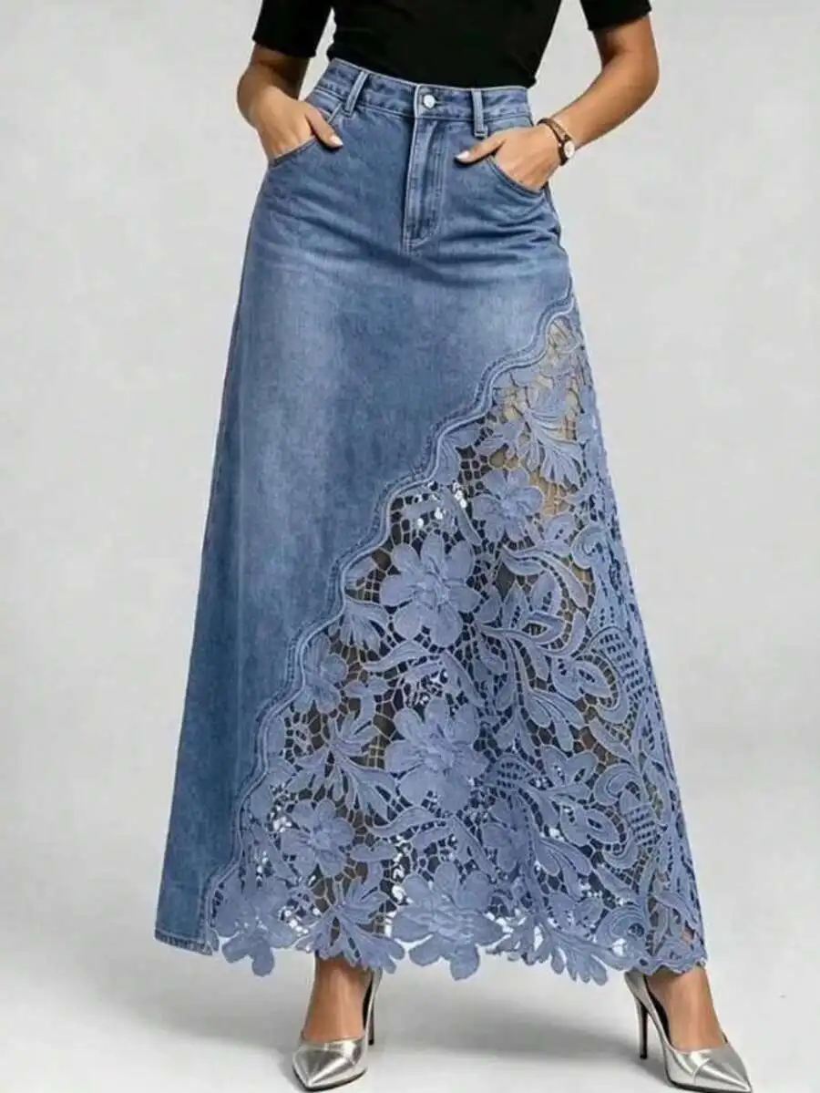 XTOCEAN Blue Denim Maxi Skirt With Floral Lace Insert & Pockets - High Waist A-Line Jean Skirt For Women