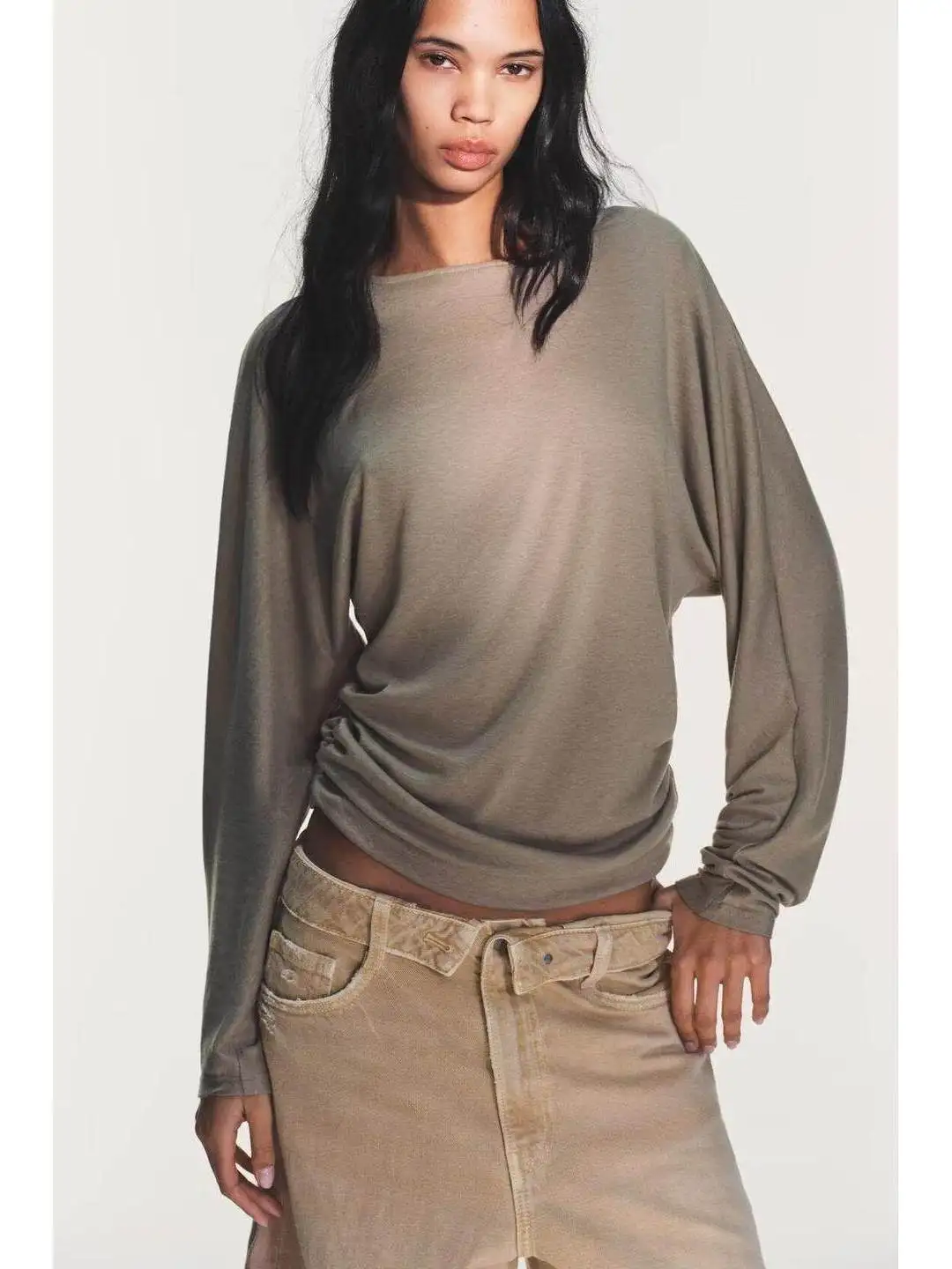 Slim Fit Long Sleeve round Neck T-Shirt Side Pleat 2026 Style Spring City Walk Suitable for Middle Age Women Breathable Comfo...