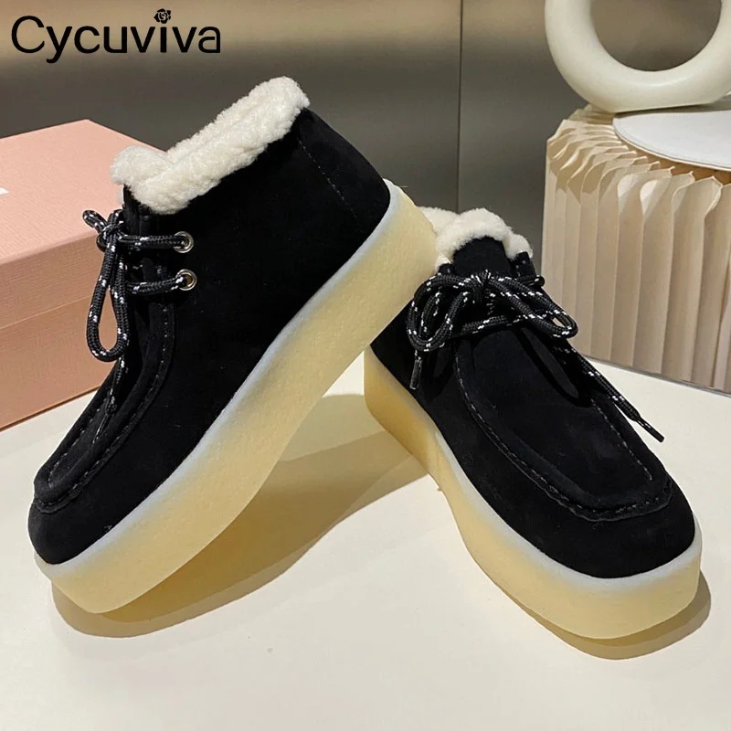 Hot Sale Brand Suede Wool Ankle Boots Women Thick Sole Lace Up Real Wool Fur Warm Boots Winter Casual Party Snow Boots For Women