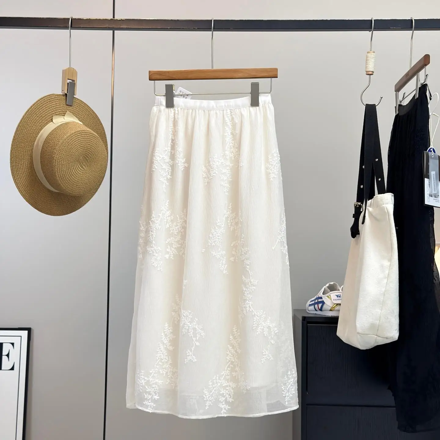 Heavy Embroidery Mid-Length A-Line Skirt with Slit for Women Summer High Waist Slimming Straight Stitched Polyester Fiber