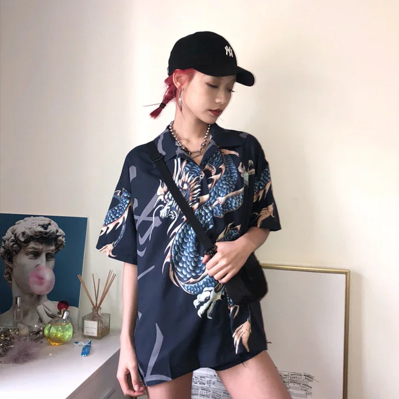 2023 Spring Summer Harajuku Women blouses BF oversize Fashion Streetwear Tops Brand design Dragon Print Short Sleeve Shirts