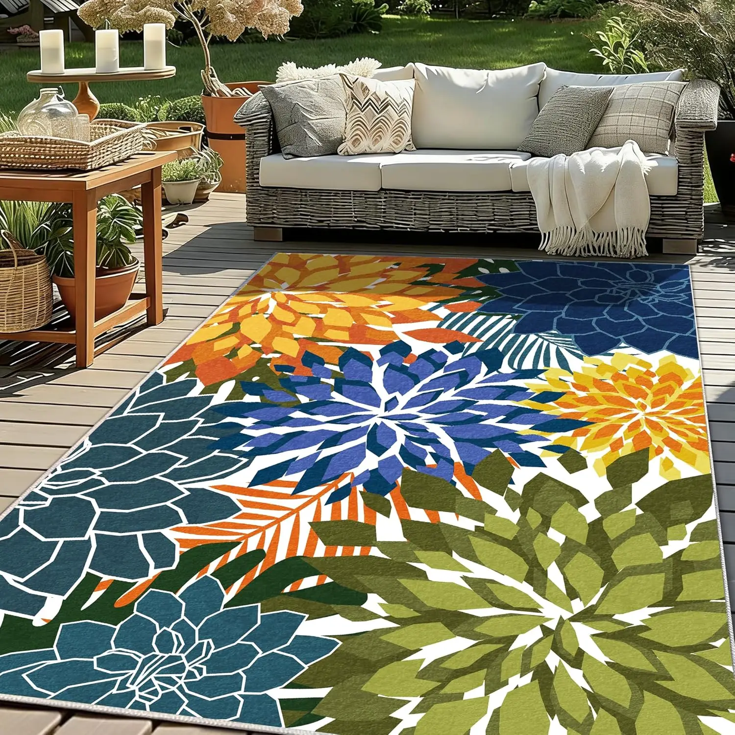 

Outdoor Rug 5x8Ft Waterproof Multicolored Yellow Green Indoor Area Rug Washable Outdoor Patio Rugs Tropical Floral Non Slip O