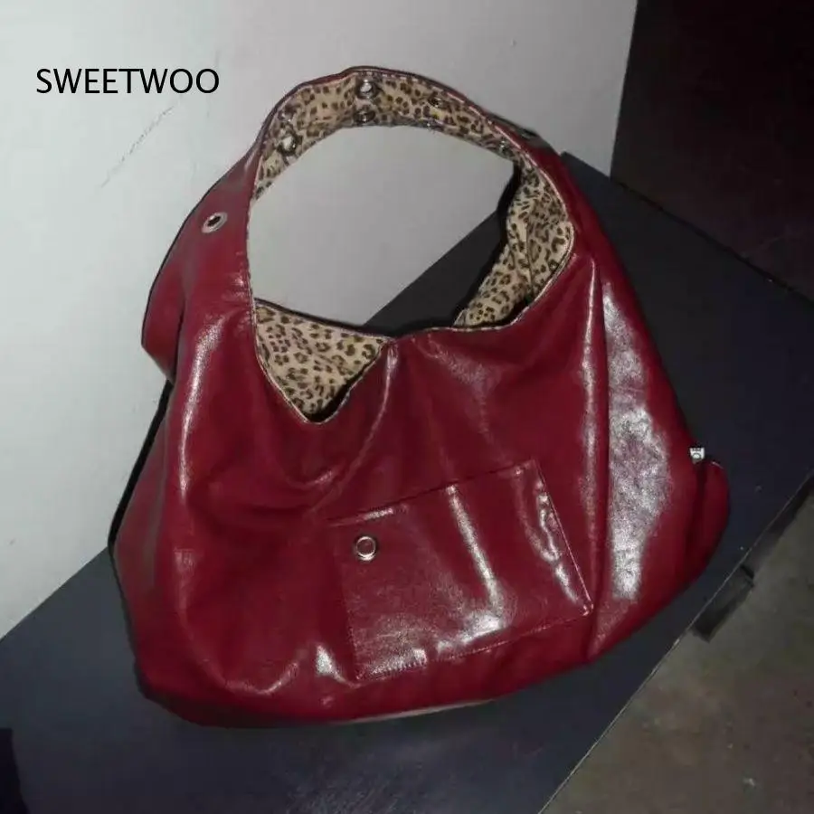 Vintage Burgundy Shiny Faux Leather Hobo Bag Leopard Print Lining Eyelet Detail Large Shoulder Tote for Y2K Streetwear
