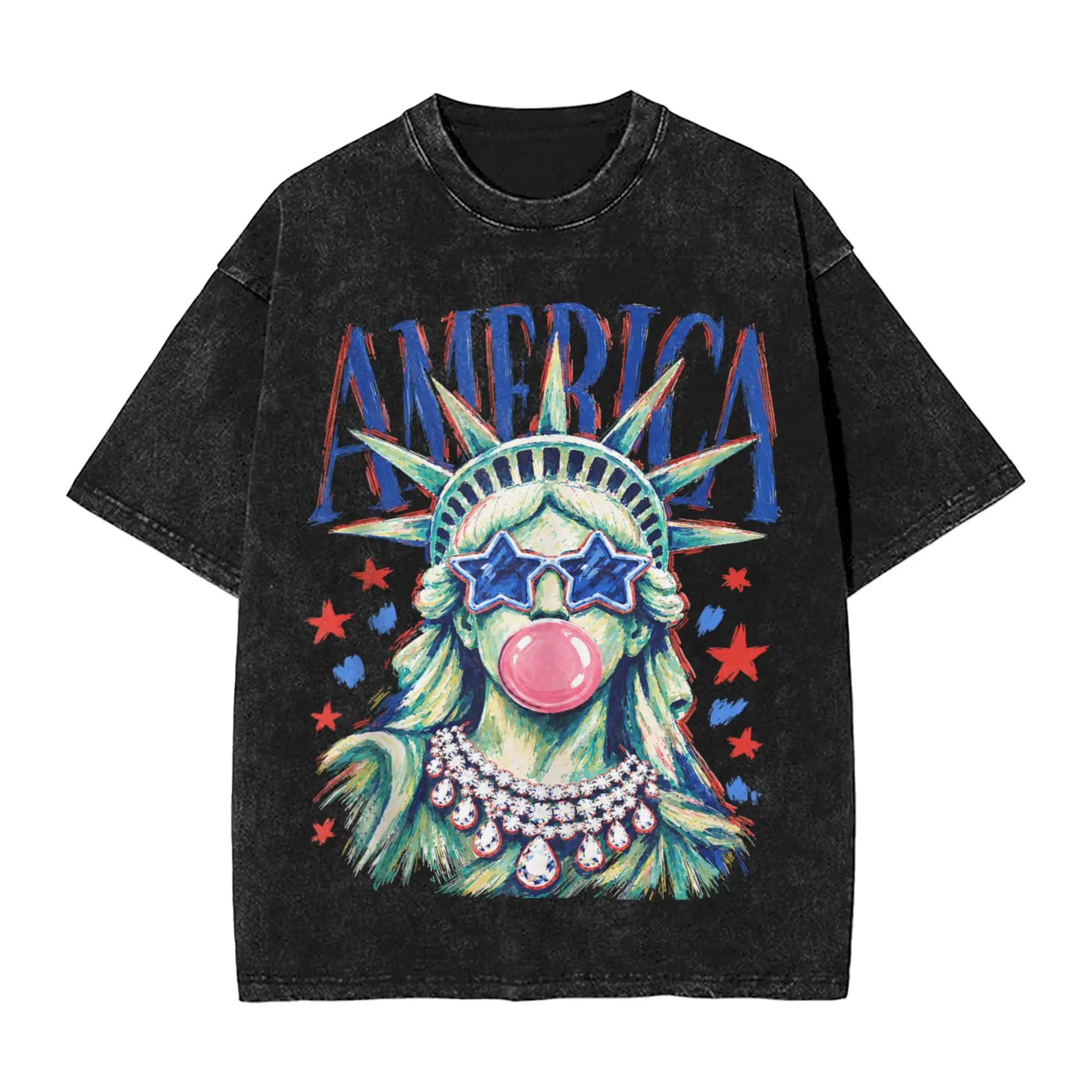 Brushstroke Statue of Liberty Blowing Bubble Gum 4th of July T-Shirt Men  Awesome Casual T-Shirts Summer Hip Hop Tee Shirt