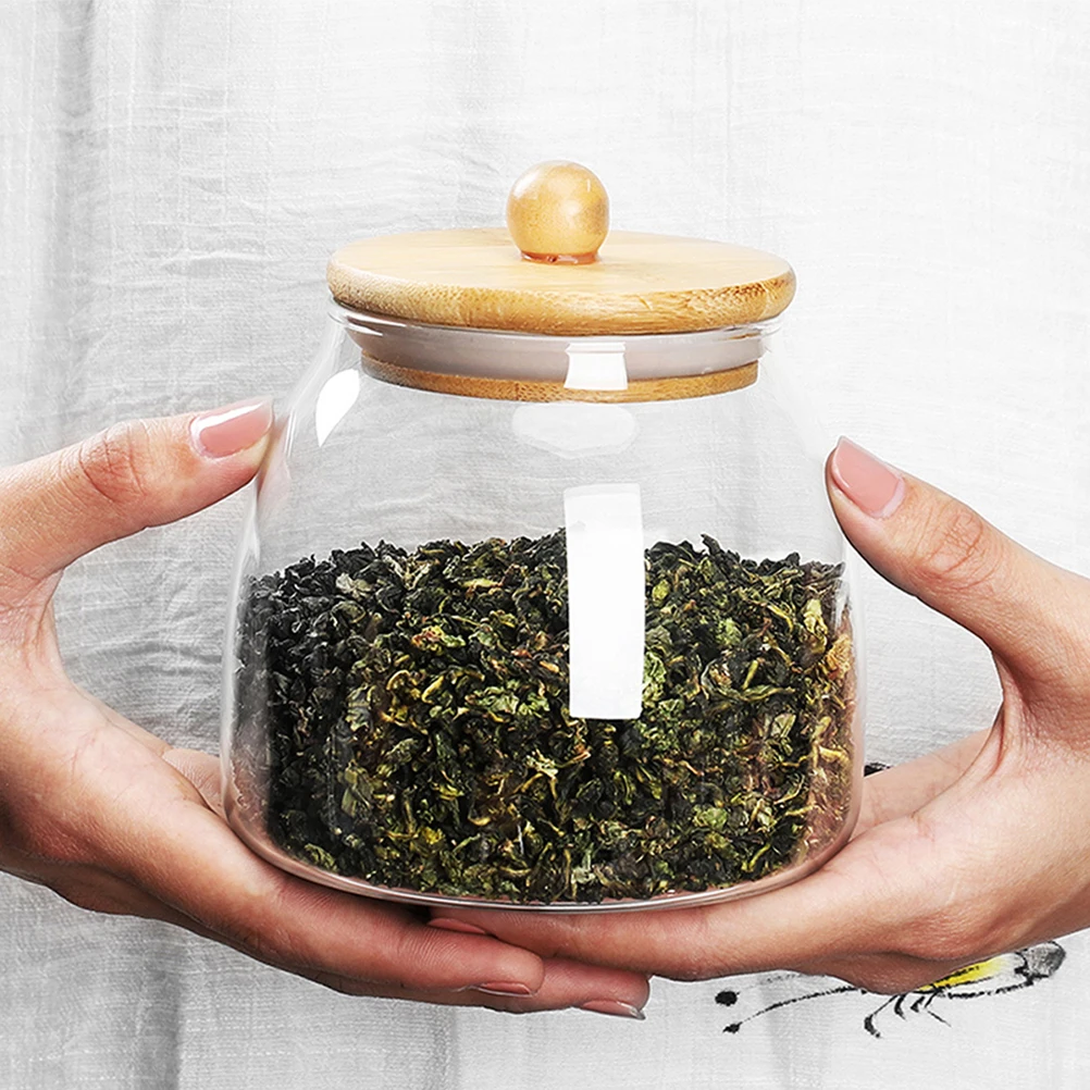 

Glass Jar Canister Wood Ball Lid Storage Multi Function Tea Jar Container for Tea Sealed Canister Household Multi function