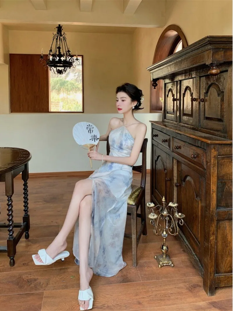 Robe fendue en mousseline de soie pour femme, robe à bretelles imprimée, dos nu, à la mode, brise cool, nouveau, 2024, printemps, R34K