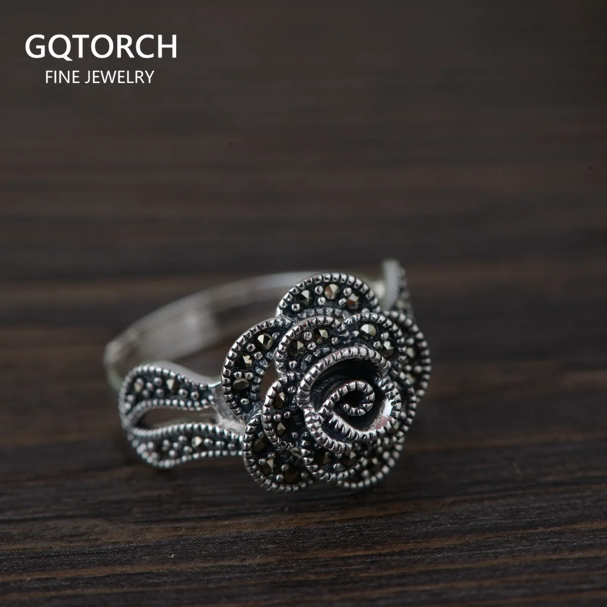 Real 925 Sterling Silver Rose Rings for Women Marcasite Setting Opening Type Rings Retro Antique Style