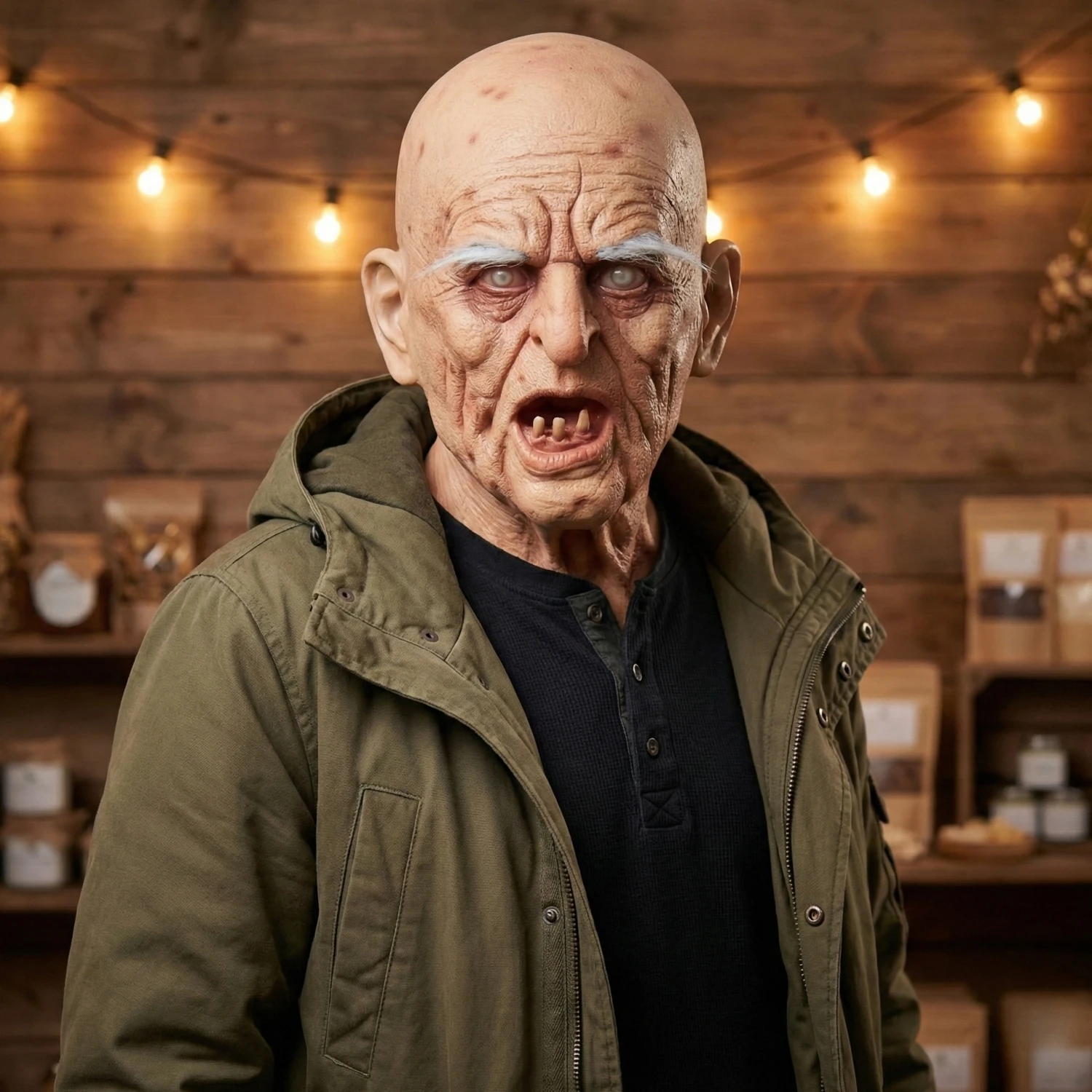 Realistische Old Man Zombie Latexmaske Gruseliger Opa Faltige Eldermaske mit spärlichen Zähnen Weiße Augenbrauen Gruselige Horror-Kopfmaske