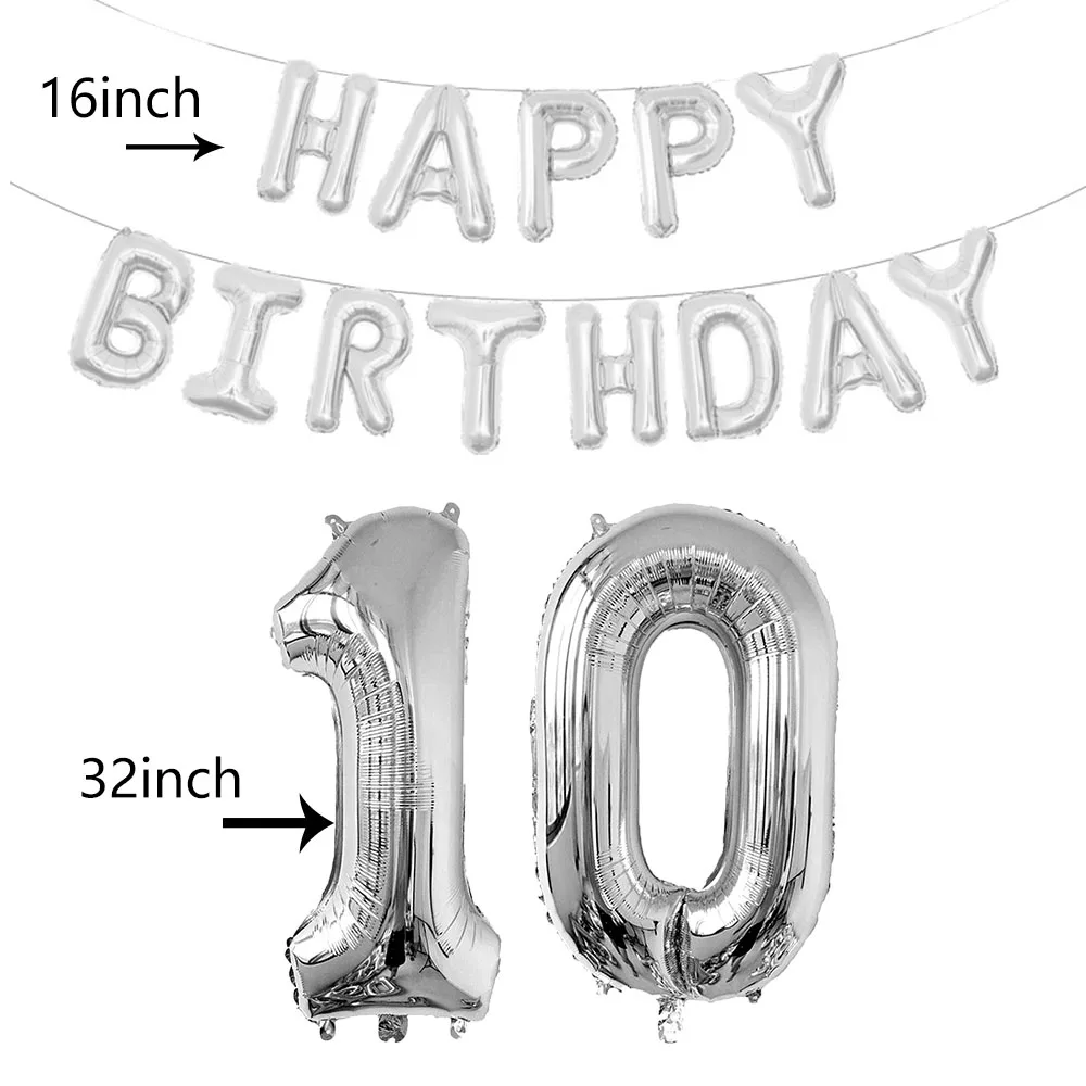 Silver Happy Birthday Number Letter Foil Balloons Adult Kids Party Decoration 10 11 12 14 15 18 20 25 30 35 40 50 60 Year Old