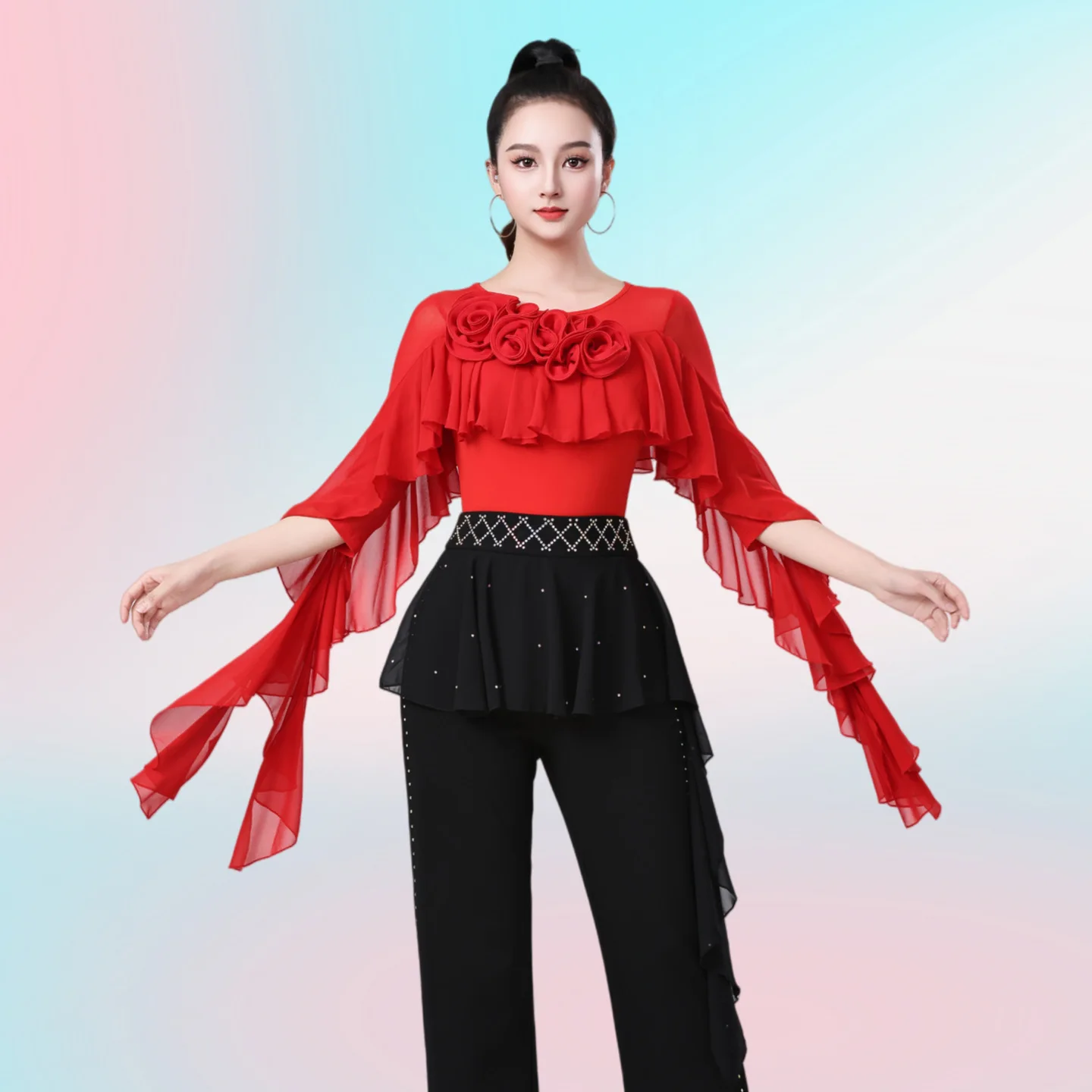 

Jitba Adult Women's New Latin Dance One-piece Ruffles Dance Top Modern Dance Performance Top