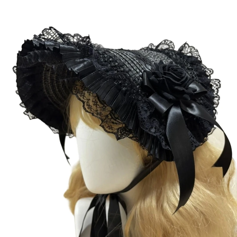 Y5GC Gothic Woven Straw Bonnet Hat With Lace Trim Bowknot For Women Costume Event