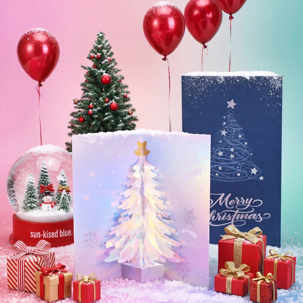 1 pc Christmas greeting card, 3D card, sparkling Christmas tree, blessing message, creative card, holiday gift card