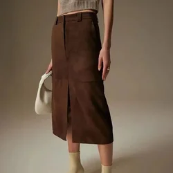 2024 Lady Luxury Real Leather Suede Skirt Women Skirt Spring Autumn Genuine Sheepskin Midi Dress