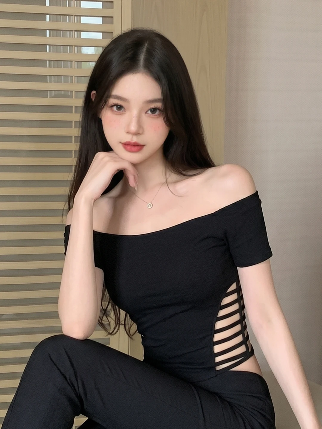 

Sexy Shoulder Bared T Shirt Women's Summer Slimming Versatile Short Sleeve Inner Wear Top Polyester Fiber Casual Style