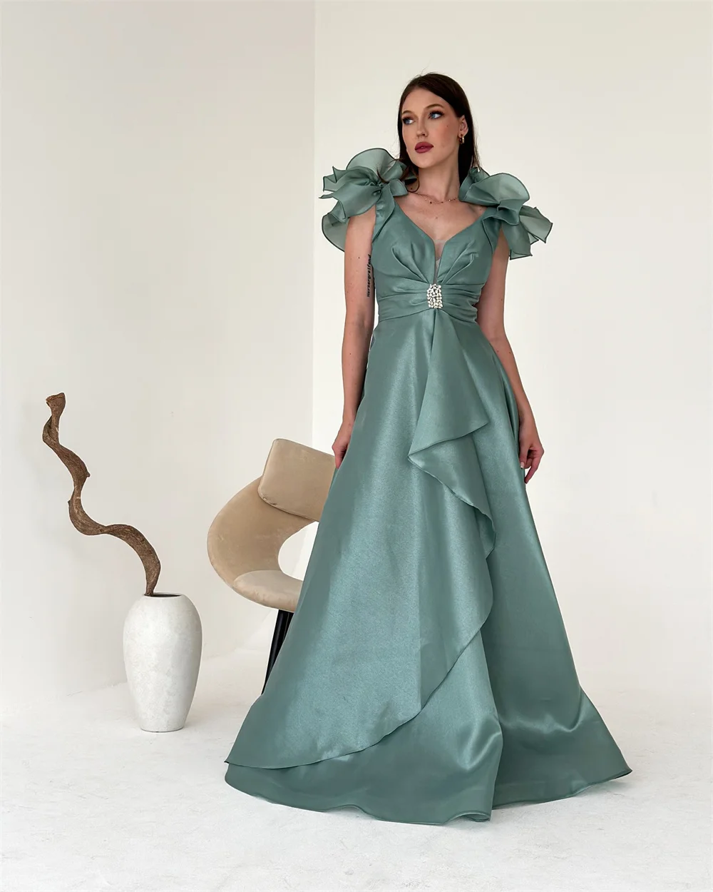 Customized Prom Gown Formal Dearin V-neck A-line Floor Length Skirts Ruffle Bespoke Occasion Dresses Saudi Arabia Evening Dress