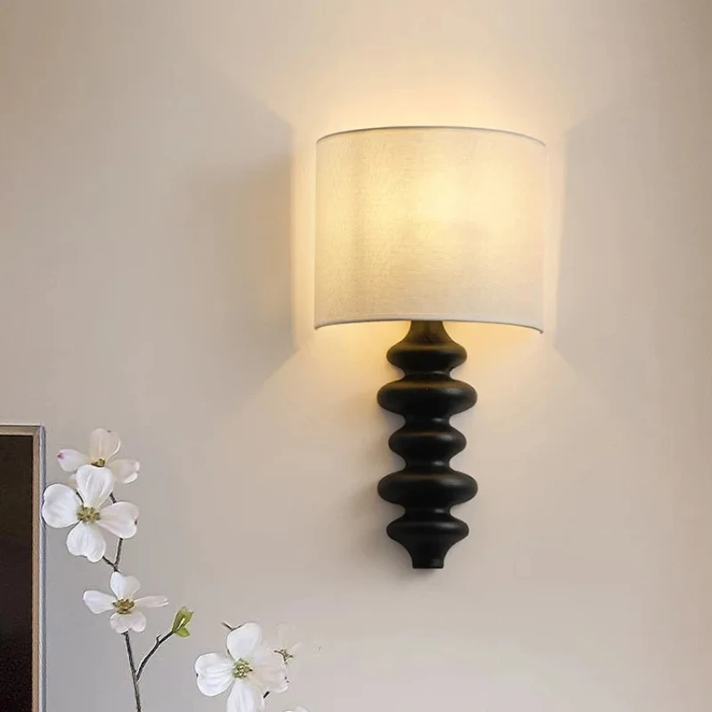 

American Retro Wooden Spiral Wall Lamps LED Lights White Linen Fabric Lampshade Living Room Bedroom Restaurant Corridor Sconces