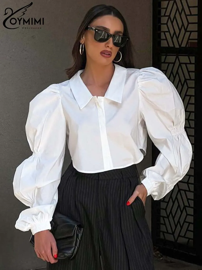 Oymimi Fashion White Cotton Shirts For Women Elegant Lapel Long Sleeve Solid Shirts Casual New Button Crop Blouse Female Clothes