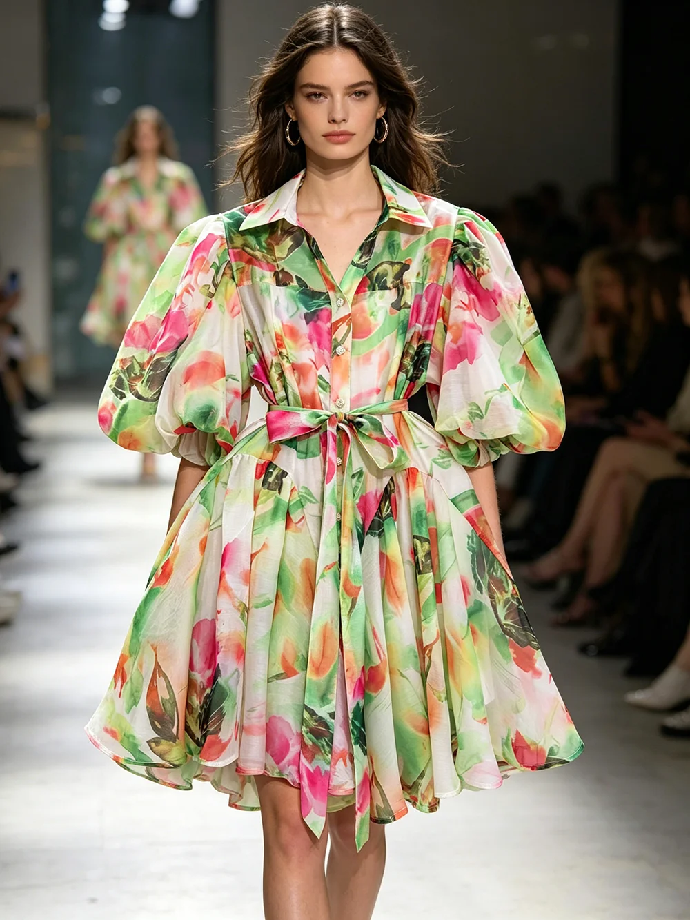 

plus Size Women Floral Print Shirt Dress Puff Sleeve Turn Down Collar Belted Waist A-Line Short Dress Elegant Summer Casual