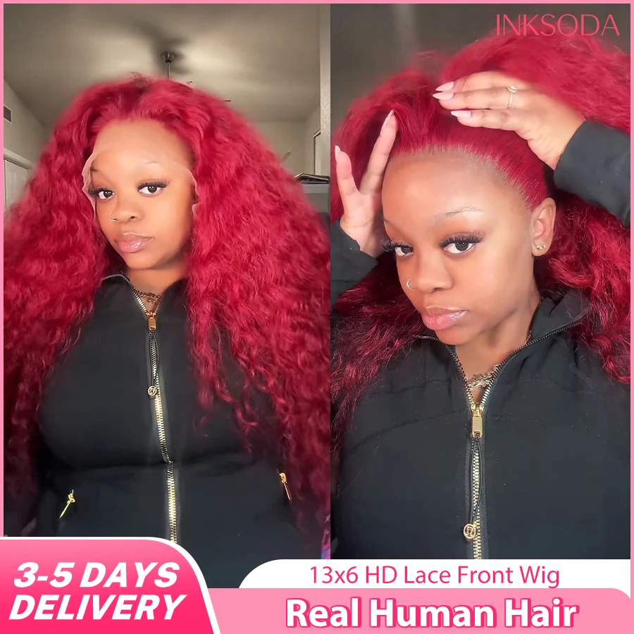 36 Inch Burgundy Deep Wave 99J Lace Front Wig Real Human Hair 220% Density Pre-Plucked 13x6 HD Lace Frontal Wigs for Women