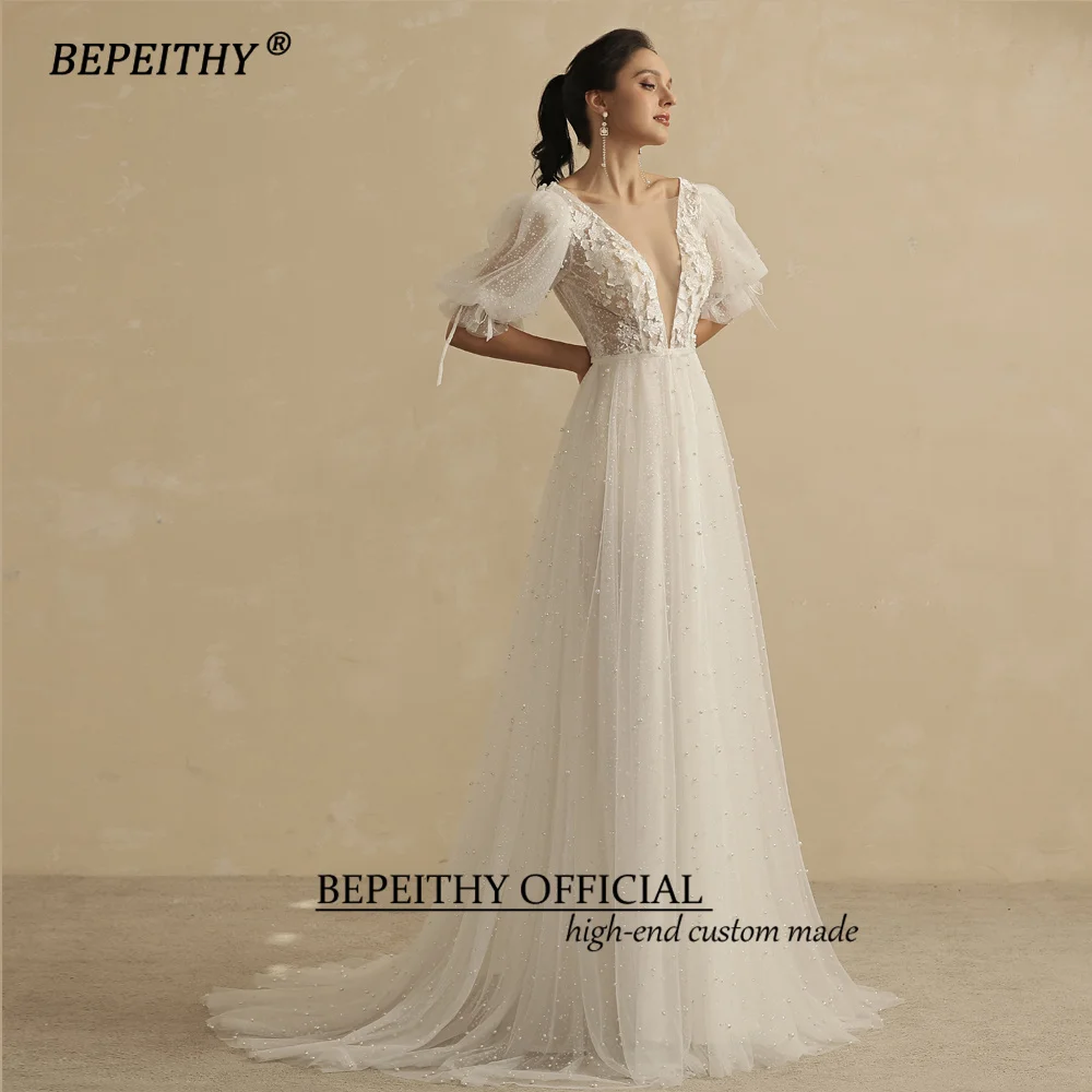 Bepeithy personalizado imagem real vestidos de casamento para as mulheres 2023 noiva pérolas meia mangas praia boho vestido de festa de noiva aberto volta