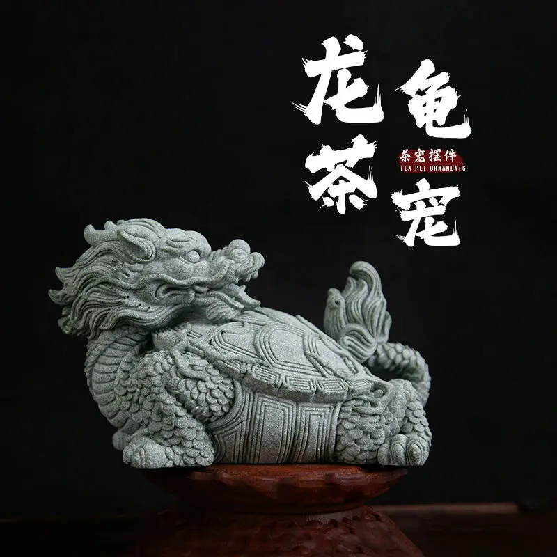 Chinese style auspicious beast basalt beast landscaping decoration green sand stone fortune dragon turtle tea pet ornaments